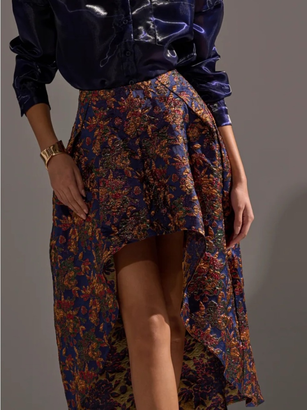 AKIRA Navy Metallic Floral High-Low Skirt - Picture 4 of 7
